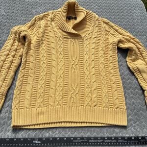 Jeanne Pierre Women’s Cable Knit Pullover Sweater L Mustard Yellow Shawl Collar
